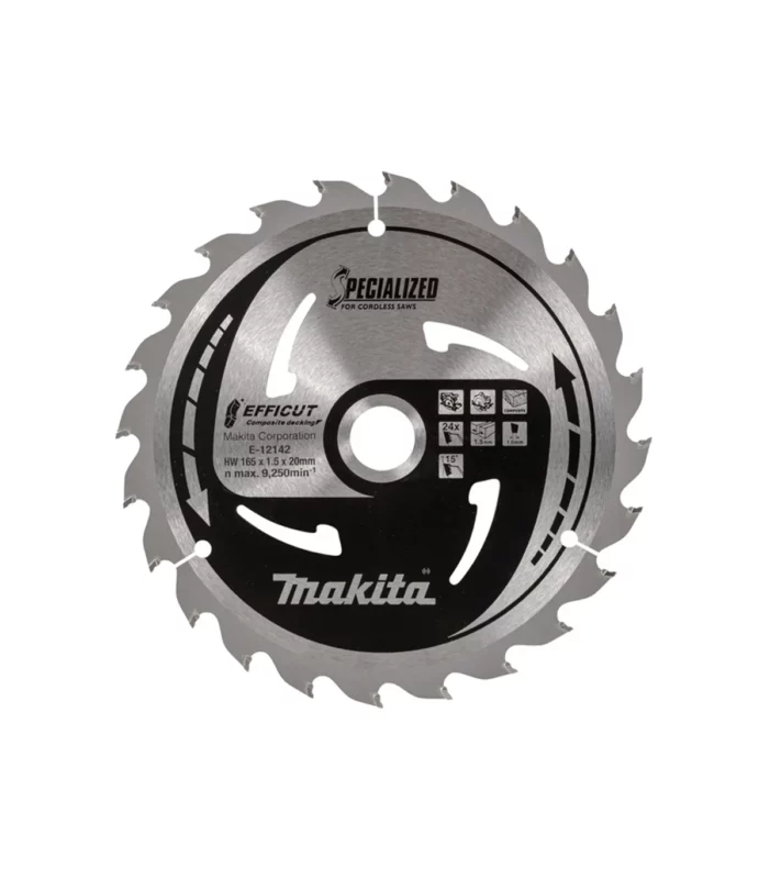Makita – TCT list kružne pile za uranjanje za kompozitni materijal EFFICUT 165 mm, 165x20x1,0 mm 24Z E-12142